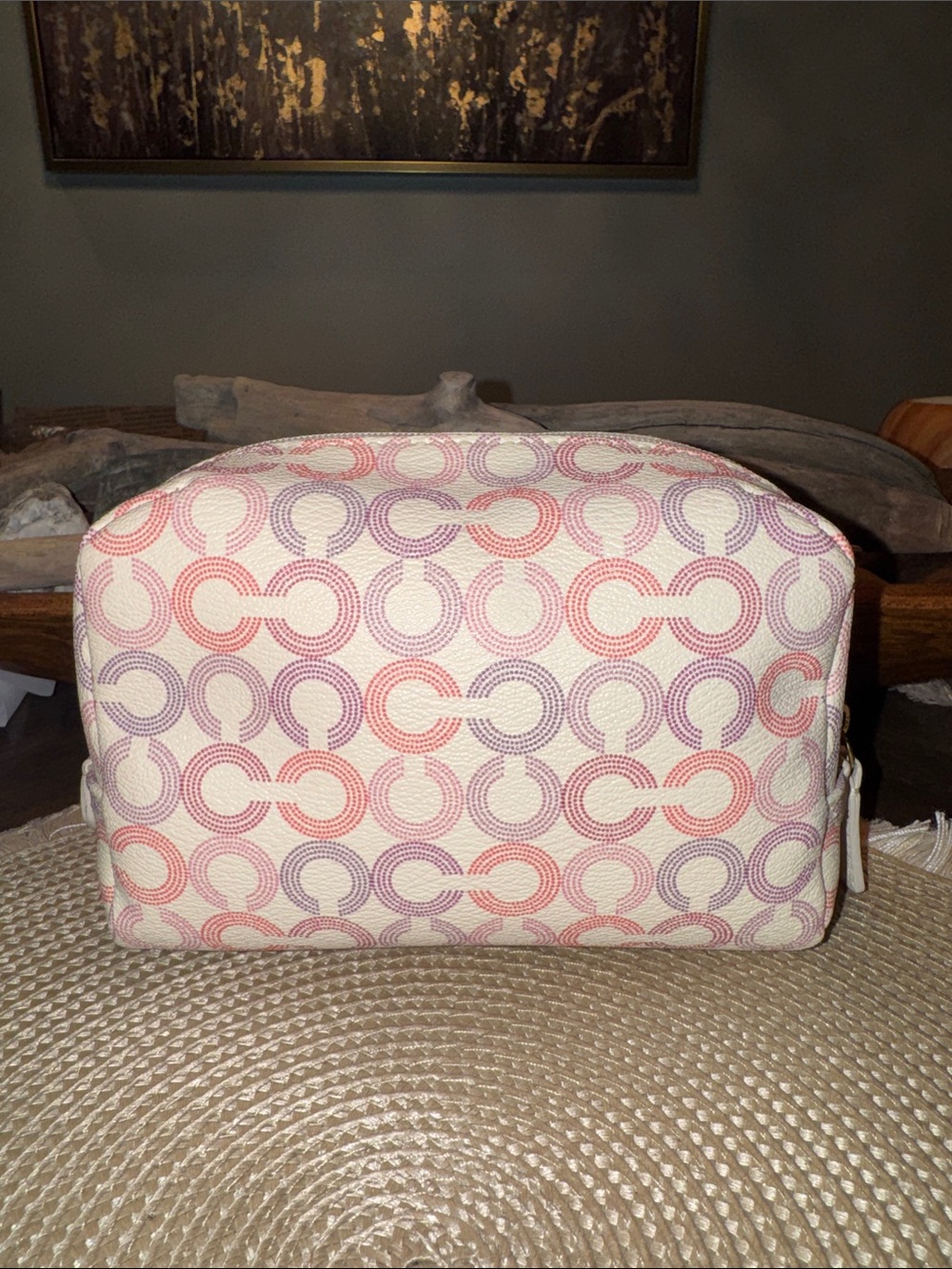 Coach Cream Cosmetic Pouch with Pink & Lavender Signature C Pattern - Picture 3 of 6